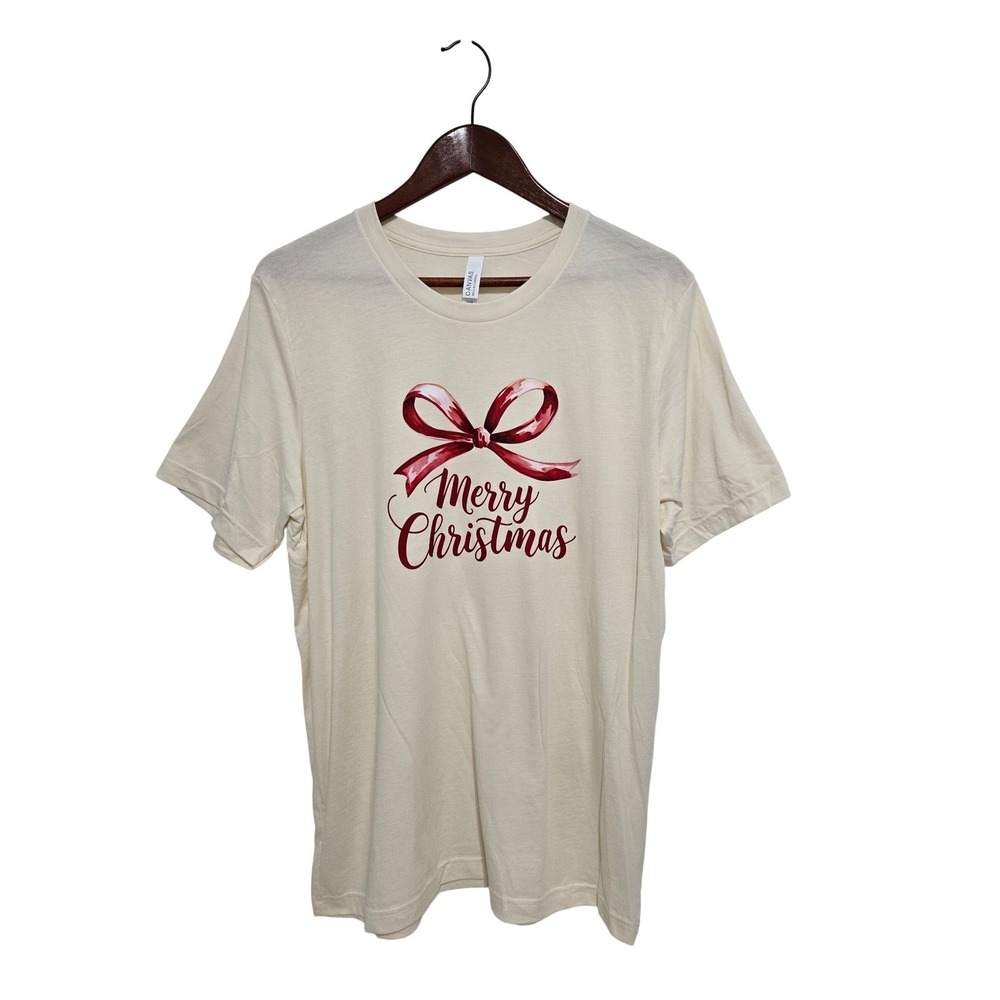 Bella + Canvas Christmas T-Shirt Women's‎ Beige Holiday Ribbon Tee - Size Small